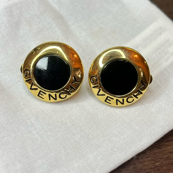 Givenchy Jewelry - Vintage Givenchy Round Gold Clip Earrings with Black Stone